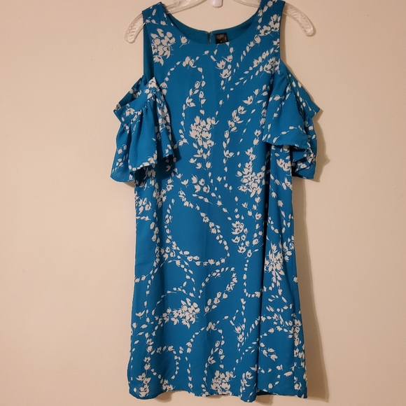 City Strats Floral Blue Cold Shoulder Shift Midi Dress Size 10 - Picture 1 of 6